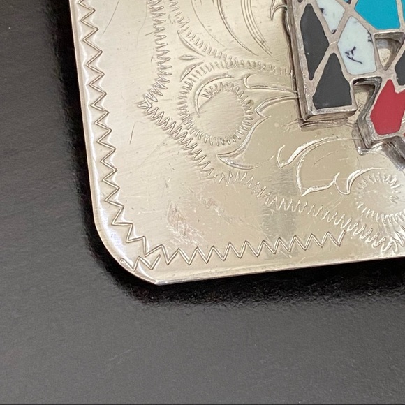 Vintage Nickel Silver Native American Turquoise Inlay Thunderbird Belt Buckle - Picture 6 of 9
